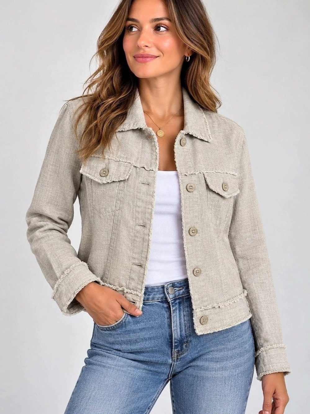 Tommy Bahama 100% Linen Jacket Women M Natural Raw Edge Frayed Button Front
